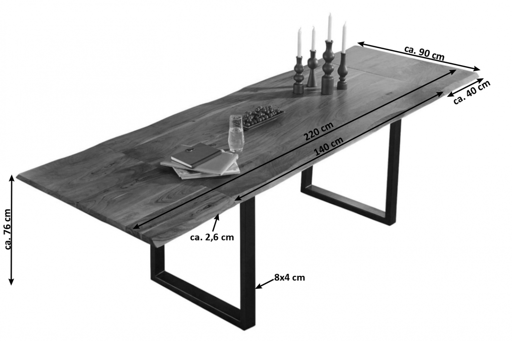 SAM® Esstisch Baumkante Akazie nuss 140 (220) x 90 Ansteckplatten schwarz ADINA itemprop=