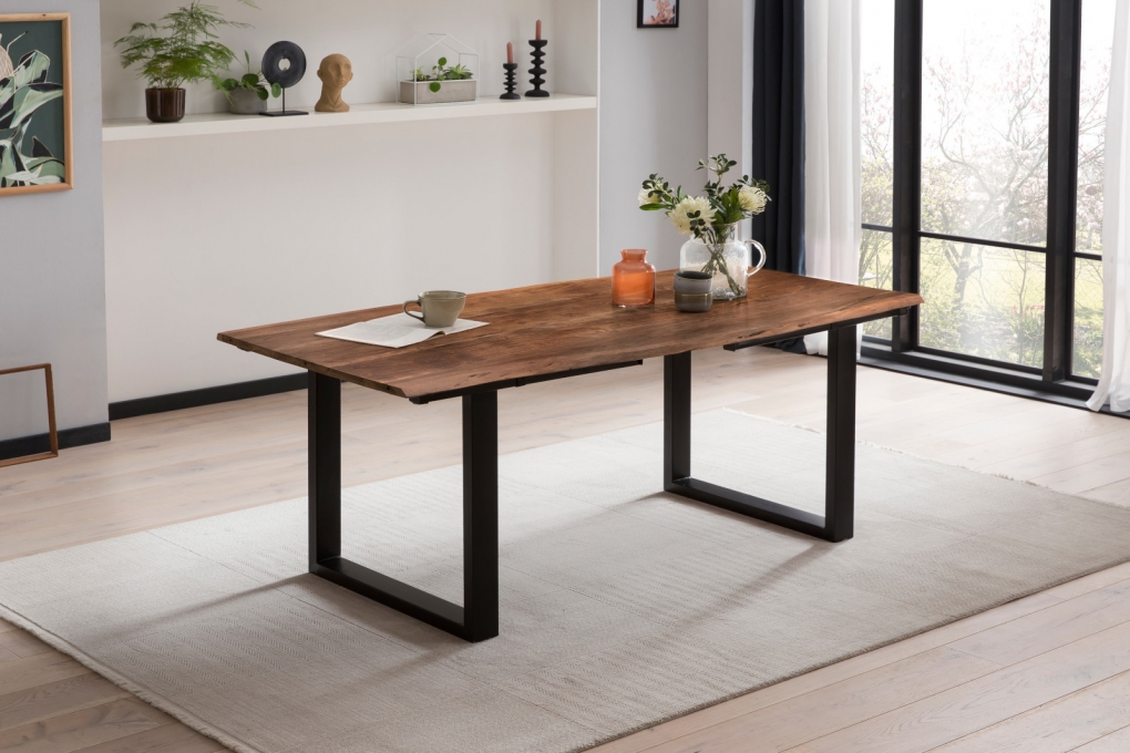 Esstisch Baumkante Akazie nuss 160(260)x90 Ansteckplatten schwarz ADINA itemprop=