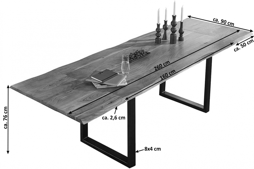 Esstisch Baumkante Akazie nuss 160(260)x90 Ansteckplatten schwarz ADINA itemprop=