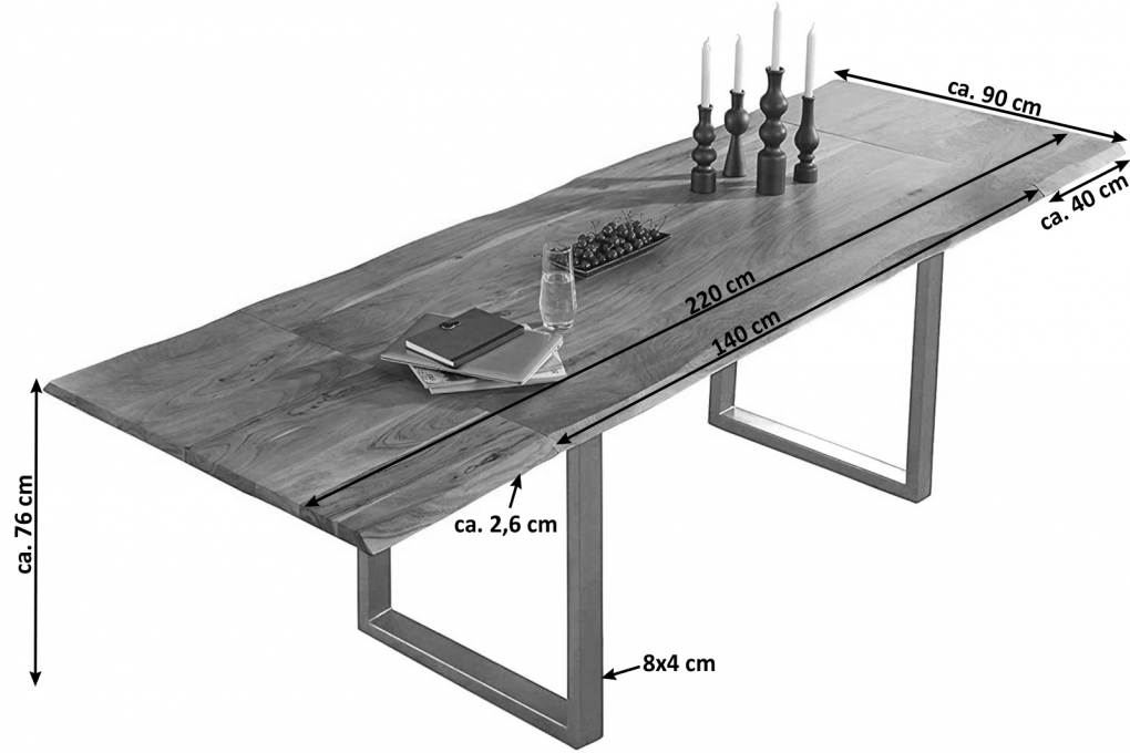 SAM® Esstisch Baumkante Akazie natur 140(220)x90 Ansteckplatten silber ADINA itemprop=