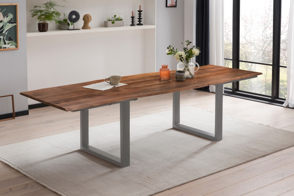 Esstisch Baumkante Akazie nuss 160(260)x90 Ansteckplatten silber ADINA itemprop=