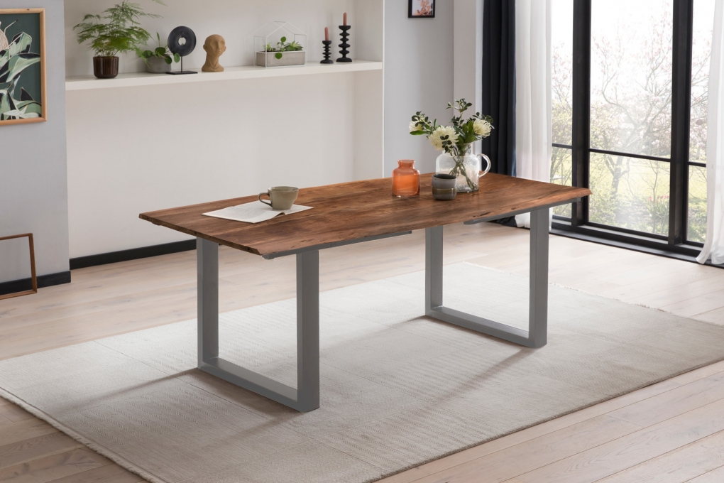 Esstisch Baumkante Akazie nuss 160(260)x90 Ansteckplatten silber ADINA itemprop=