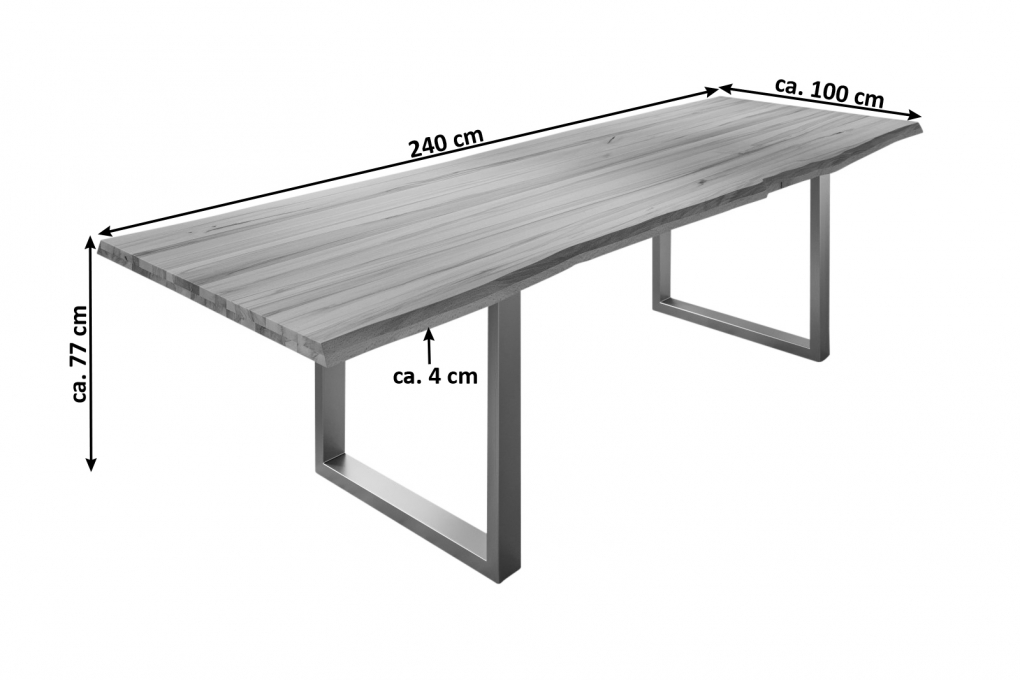  Esstisch Baumkante Massiv Wildbuche 240 x 100 silber U-Gestell ROMAN itemprop=