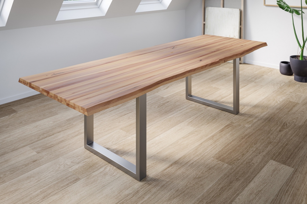  Esstisch Baumkante Massiv Wildbuche 240 x 100 silber U-Gestell ROMAN itemprop=