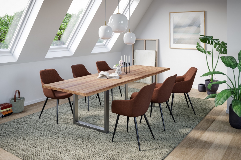  Esstisch Baumkante Massiv Wildbuche 240 x 100 silber U-Gestell ROMAN itemprop=