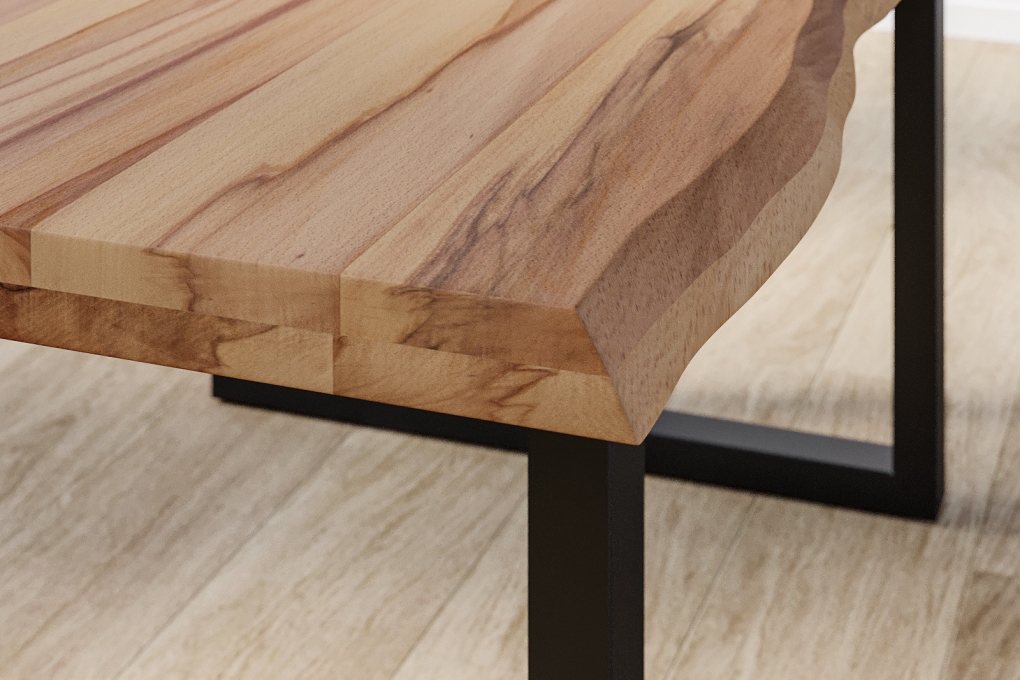 Esstisch Baumkante Massiv Wildbuche 280 x 100 mattschwarz U-Gestell ROMAN itemprop=