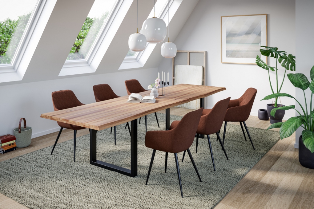 Esstisch Baumkante Massiv Wildbuche 280 x 100 mattschwarz U-Gestell ROMAN itemprop=