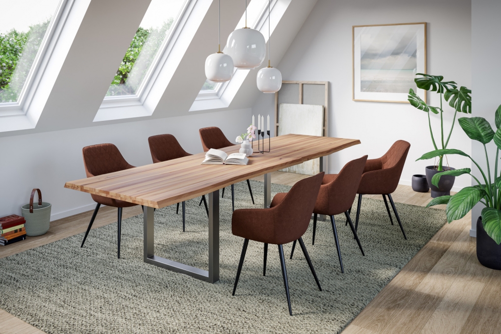 Esstisch Baumkante Massiv Wildbuche 280 x 100 silber U-Gestell ROMAN itemprop=