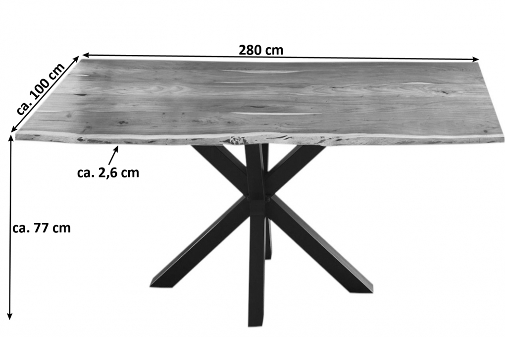  Esstisch Baumkante massiv Akazie natur 280 cm Spider-Gestell schwarz QUINCY itemprop=
