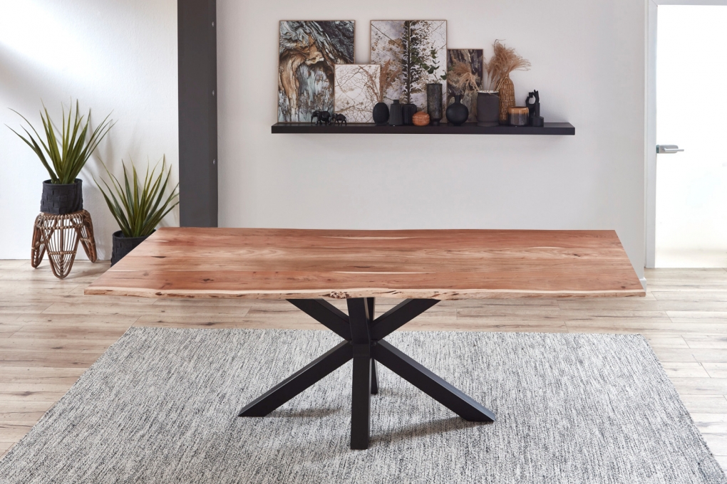  Esstisch Baumkante massiv Akazie natur 280 cm Spider-Gestell schwarz QUINCY itemprop=