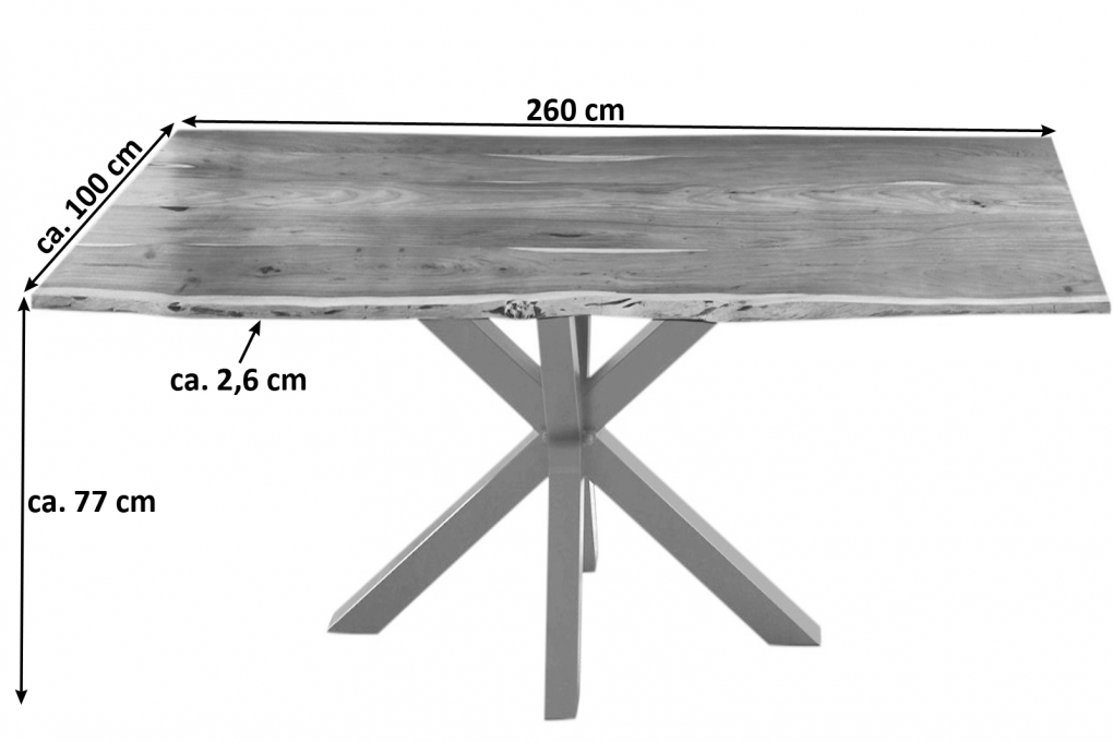  Esstisch Baumkante massiv Akazie natur 260 cm Spider-Gestell Silber QUINCY itemprop=