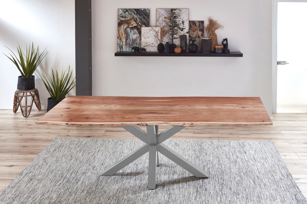  Esstisch Baumkante massiv Akazie natur 260 cm Spider-Gestell Silber QUINCY itemprop=