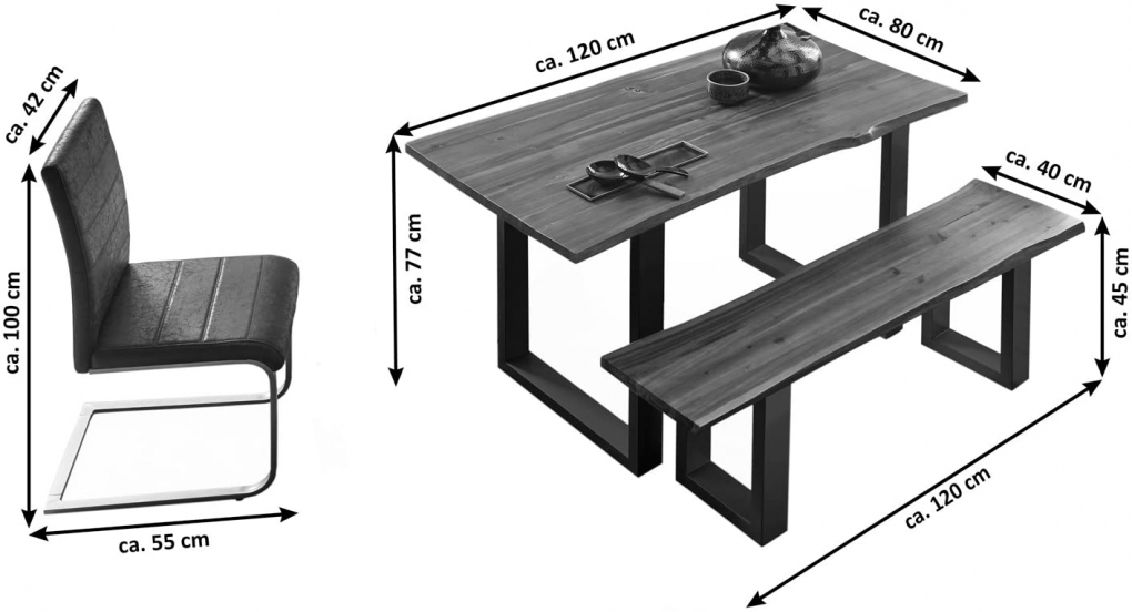 Essgruppe 120 cm Akazie cognacfarben U-Gestell schwarz mit 4 Stühlen und 1 Sitzbank Esra itemprop=