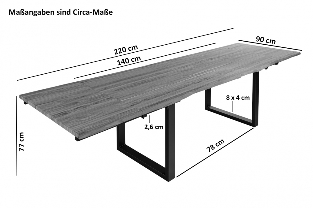 Baumkantentisch Akazie stonefarben 140 (220) x 90 cm Ansteckplatten schwarz NORINA itemprop=