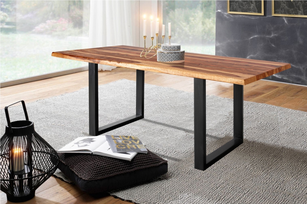 Baumkante Esstisch Sheesham shinafarben 280x100 U-Gestell schwarz Lotti itemprop=