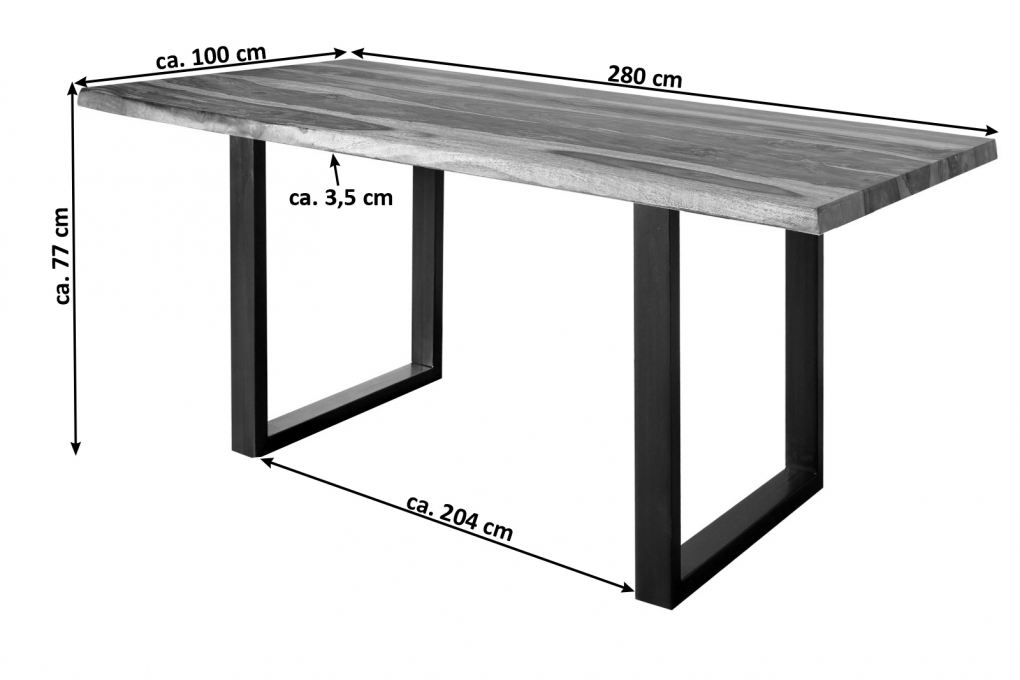 Baumkante Esstisch Indisches Rosenholz shinafarben  280x100 U-Gestell schwarz Lotti itemprop=