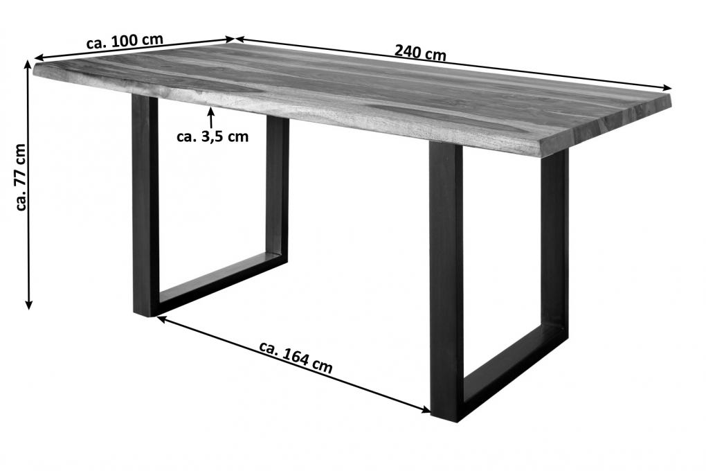 Baumkante Esstisch Indisches Rosenholz shinafarben  240x100 U-Gestell schwarz Lotti itemprop=