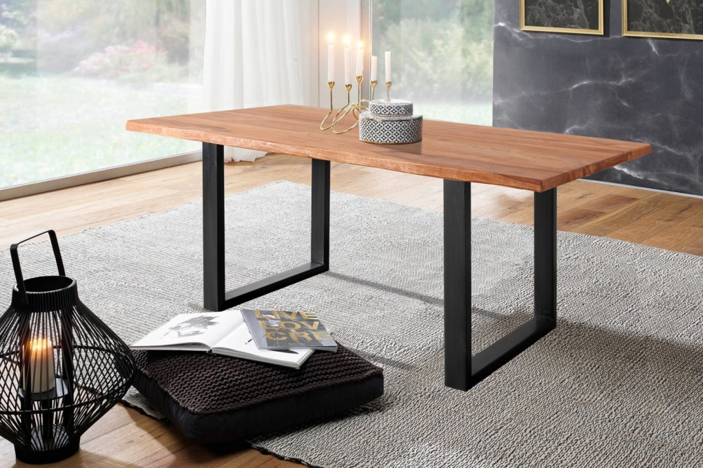Baumkante Esstisch Indisches Rosenholz teakfarben  240x100 U-Gestell schwarz Lotti itemprop=
