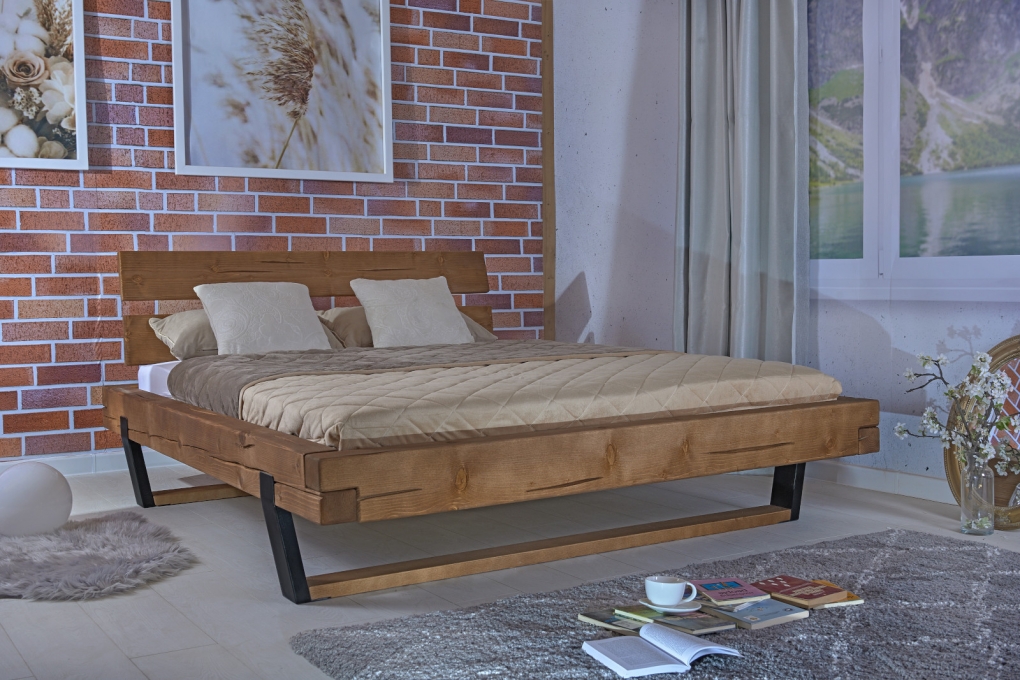 Balkenbett Massivholzbett 140x200 cm Fichte honigfarben FRIEDA itemprop=