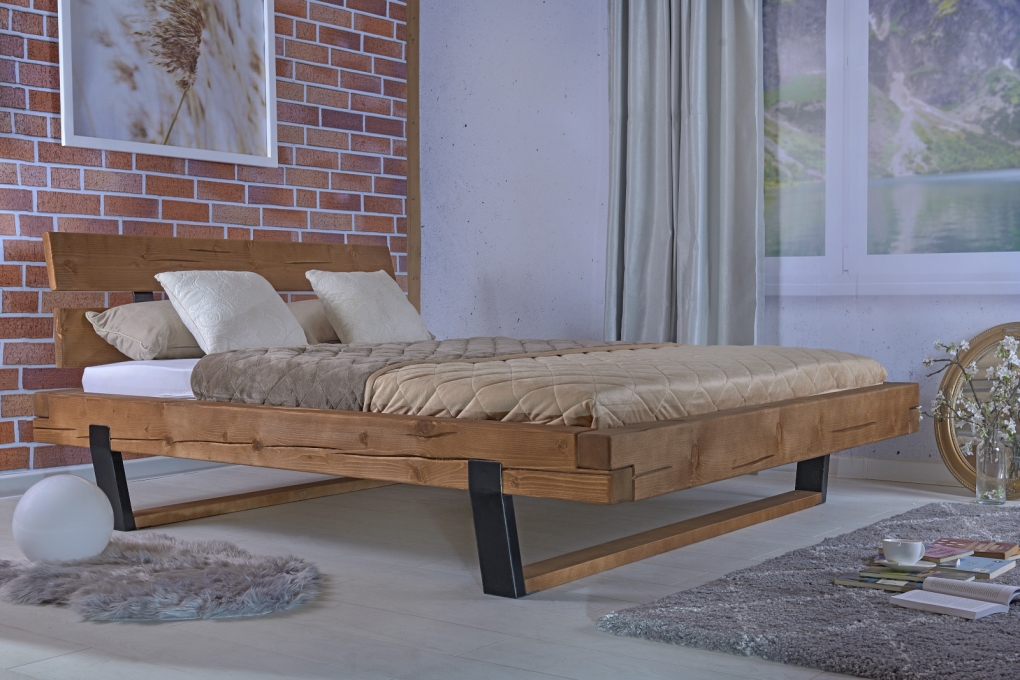 Balkenbett Massivholzbett 140x200 cm Fichte honigfarben FRIEDA itemprop=