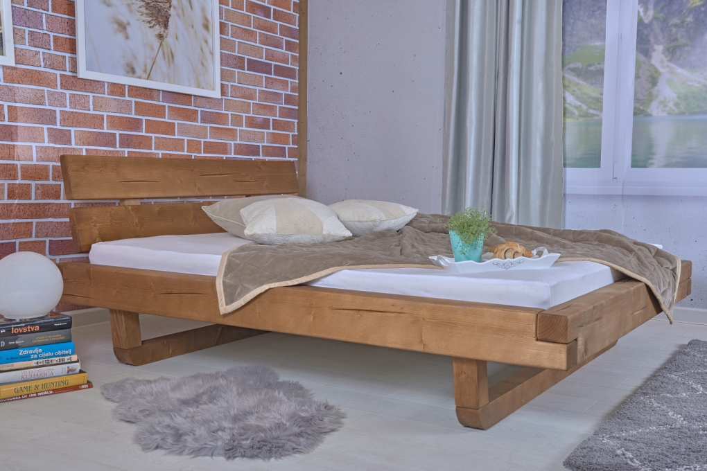 Balkenbett Massivholzbett 180x200 cm Fichte honigfarben SELMA itemprop=