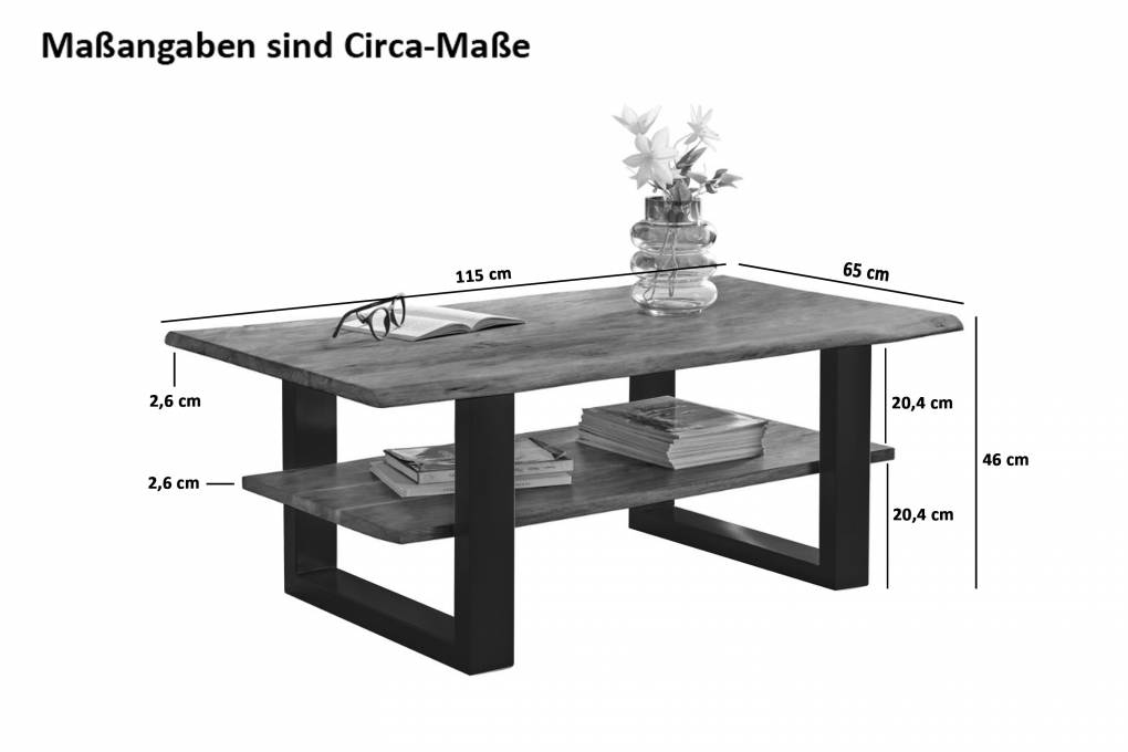 Couchtisch Baumkante 115 x 65 cm Akazie massiv + nussbaumfarben schwarz matt PATRICK itemprop=