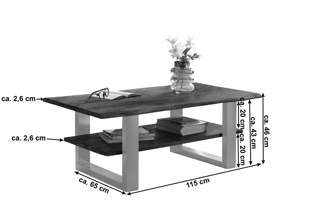 Couchtisch Baumkante 115 x 65 cm Akazie massiv + nussbaumfarben silber PATRICK itemprop=