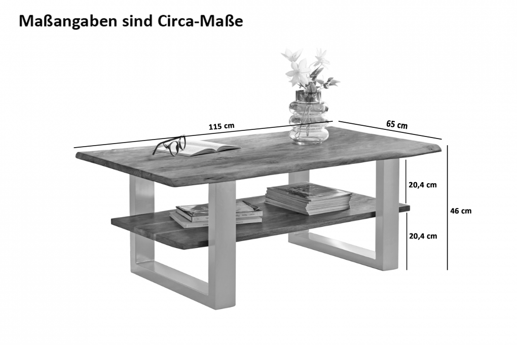 Couchtisch Baumkante 115 x 65 cm Akazie massiv + naturfarben silber PATRICK itemprop=