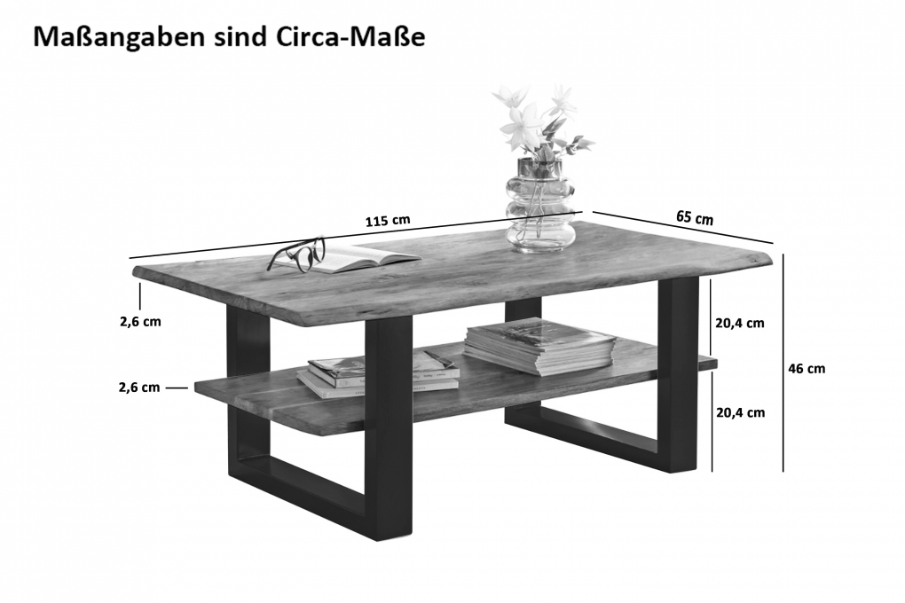 Couchtisch Baumkante 115 x 65 cm Akazie massiv + naturfarben schwarz PATRICK itemprop=