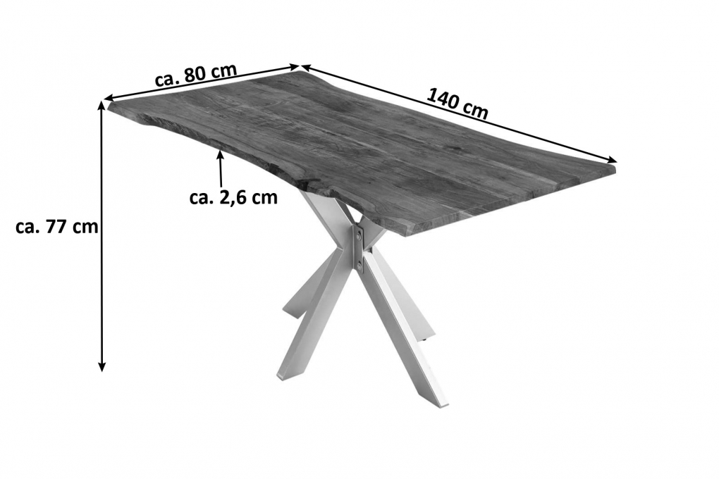 Esstisch Baumkante massiv Akazie nussbaum 140 cm Spider-Gestell silber HELENE itemprop=