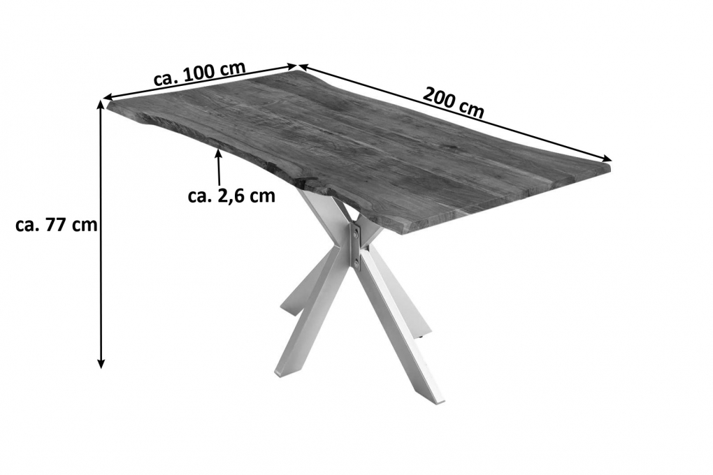 Esstisch Baumkante massiv Akazie nussbaum 200 cm Spider-Gestell silber HELENE itemprop=