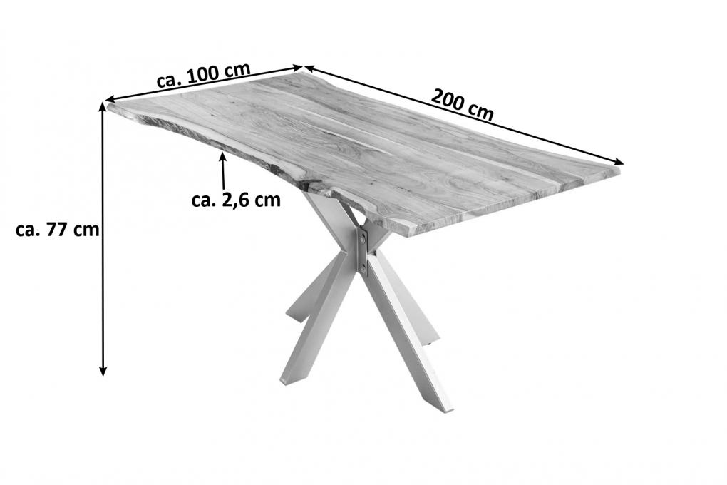 Esstisch Baumkante massiv Akazie natur 200 cm Spider-Gestell silber HELENE itemprop=