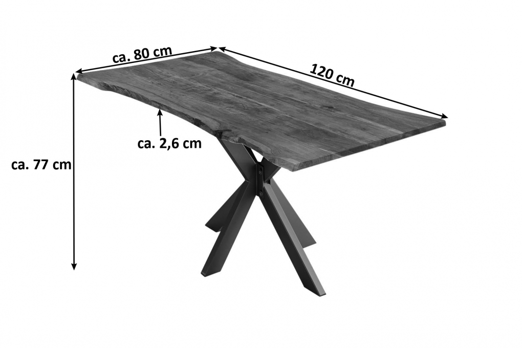 Esstisch Baumkante massiv Akazie nussbaum 120 cm Spider-Gestell schwarz HELENE itemprop=