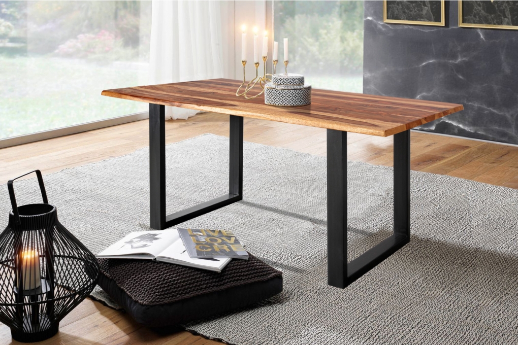 Baumkante Esstisch Indisches Rosenholz shinafarben 140x80 schwarz MAREK itemprop=