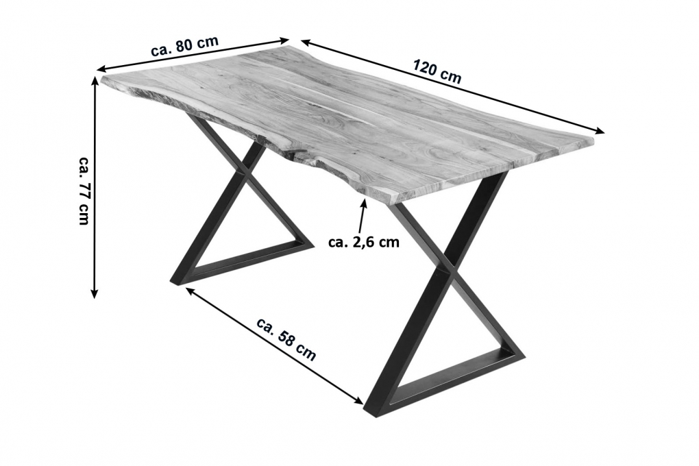 Esstisch Baumkante Akazie naturfarben 120 x 80 cm geschlossenes X-Gestell schwarz KASIMIR itemprop=