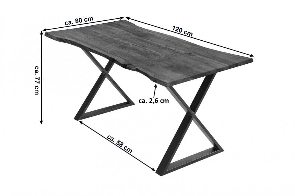 Esstisch Baumkante Akazie nussbaumfarben 120 x 80 cm geschlossenes X-Gestell schwarz KASIMIR itemprop=