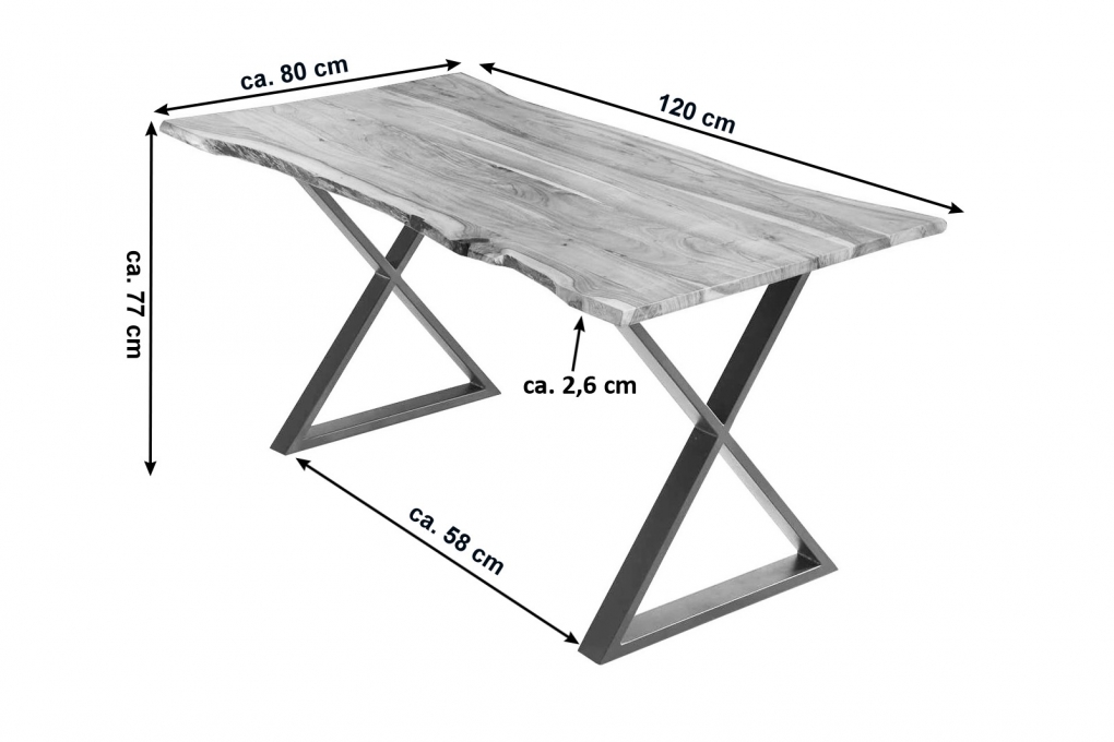 Esstisch Baumkante Akazie naturfarben 120 x 80 cm geschlossenes X-Gestell edelstahlfarben KASIMIR itemprop=