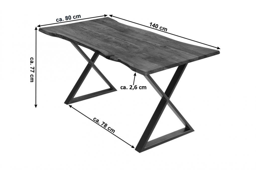 Esstisch Baumkante Akazie nussbaumfarben 140 x 80 cm geschlossenes X-Gestell schwarz KASIMIR itemprop=