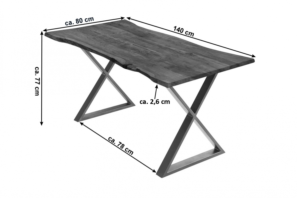 Esstisch Baumkante Akazie nussbaumfarben 140 x 80 cm geschlossenes X-Gestell edelstahlfarben KASIMIR itemprop=