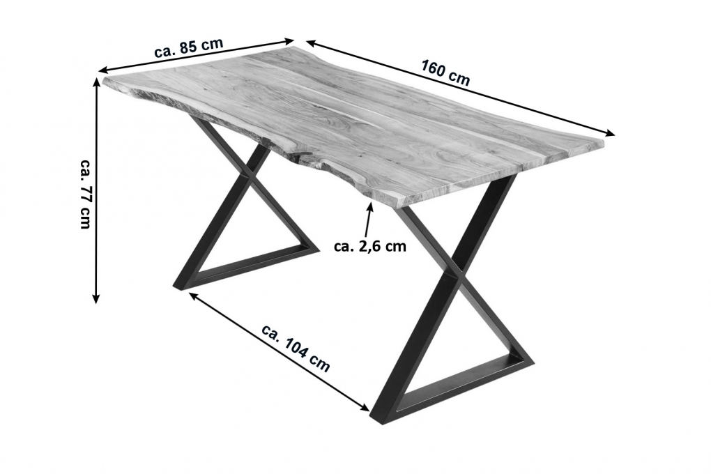 Esstisch Baumkante Akazie naturfarben 160 x 85 cm geschlossenes X-Gestell schwarz KASIMIR itemprop=