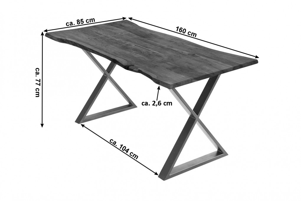 Esstisch Baumkante Akazie nussbaumfarben 160 x 85 cm geschlossenes X-Gestell schwarz KASIMIR itemprop=