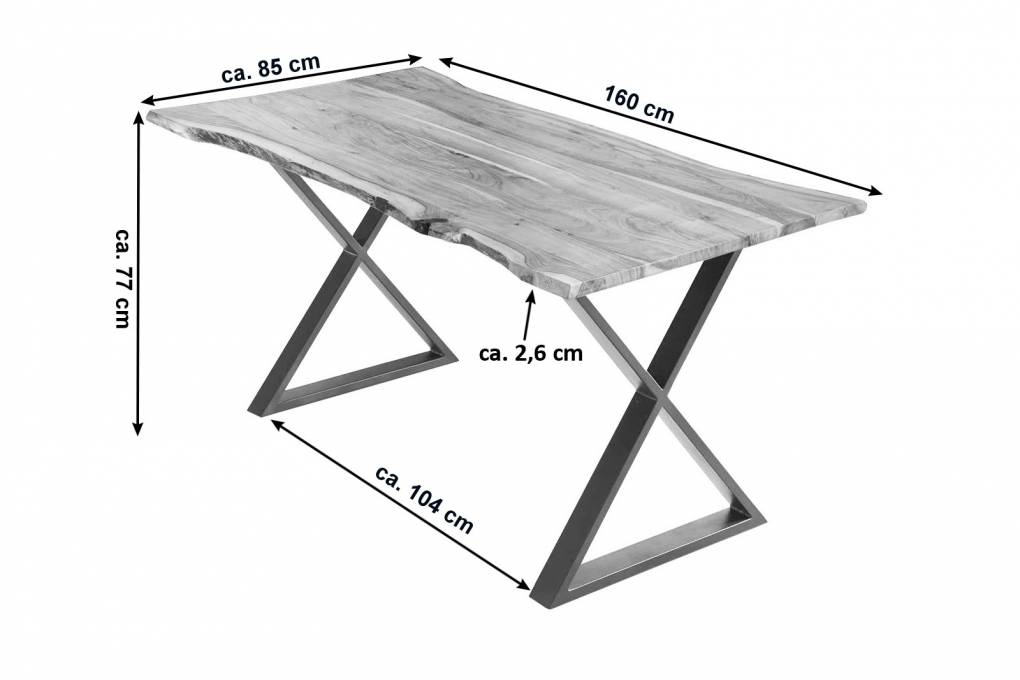 Esstisch Baumkante Akazie naturfarben 160 x 85 cm geschlossenes X-Gestell edelstahlfarben KASIMIR itemprop=