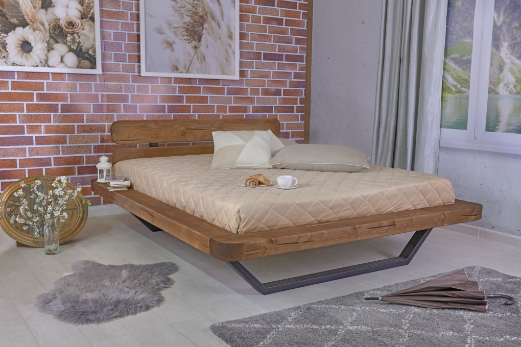 Balkenbett Massivholzbett 180x200 cm Fichte honigfarben Evora itemprop=