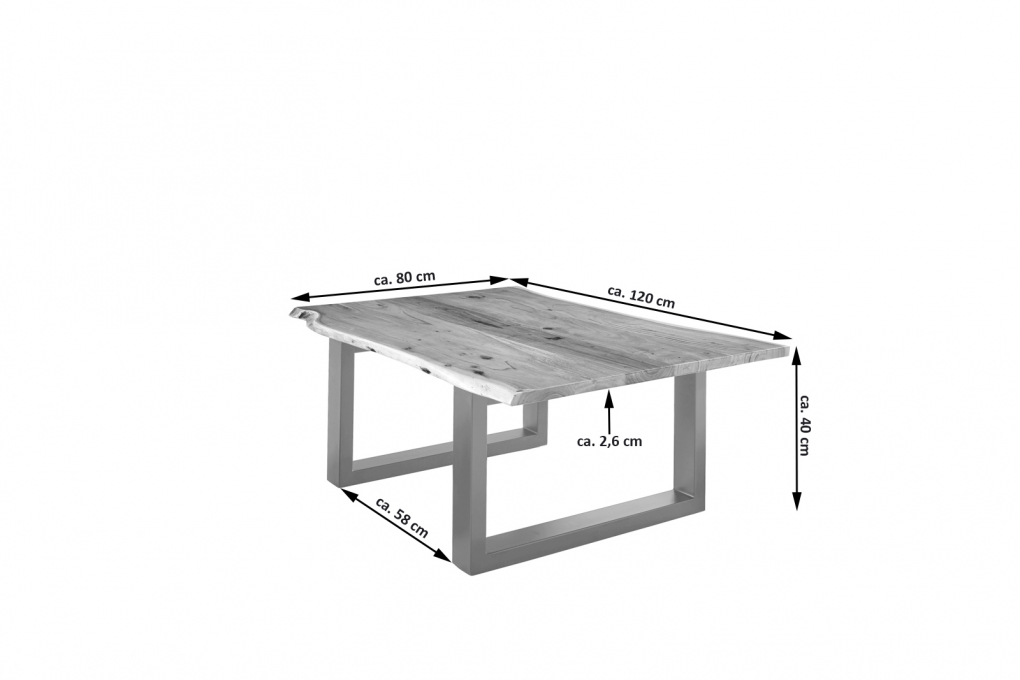 Couchtisch Baumkante 120x80 cm Akazie massiv + naturfarben silber LUBIN itemprop=