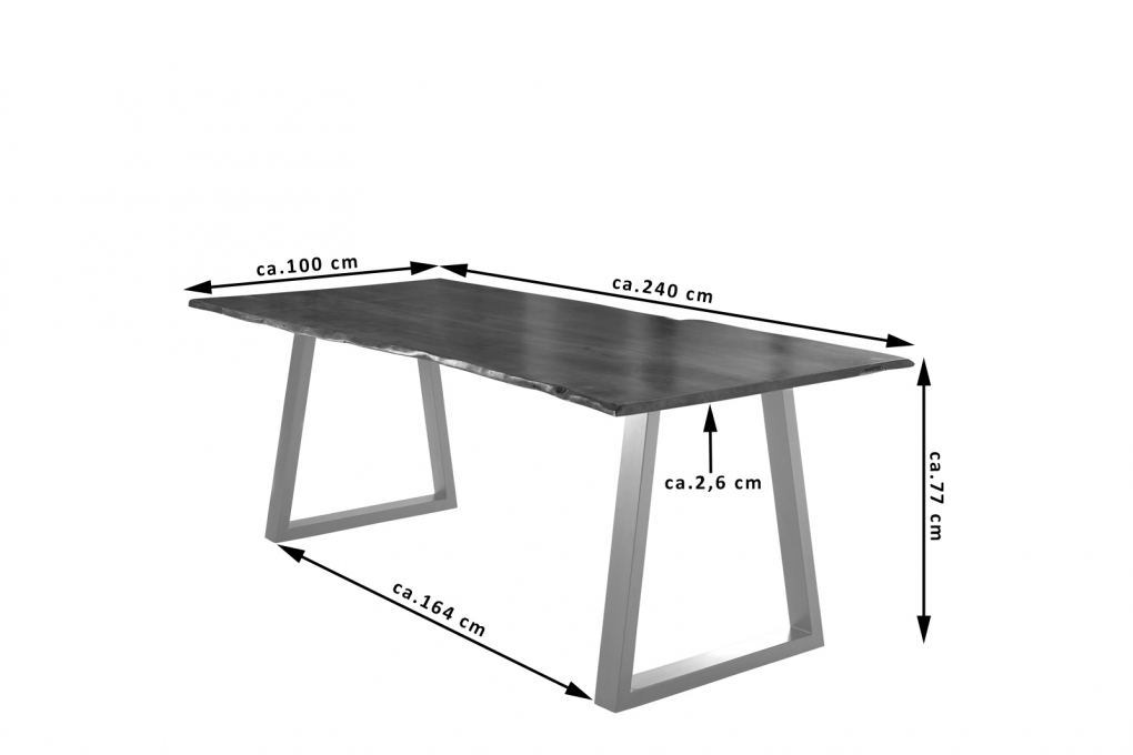 Esstisch Baumkante massiv Akazie nussbaum 240 x 100 silber V-Gestell LUBIN itemprop=