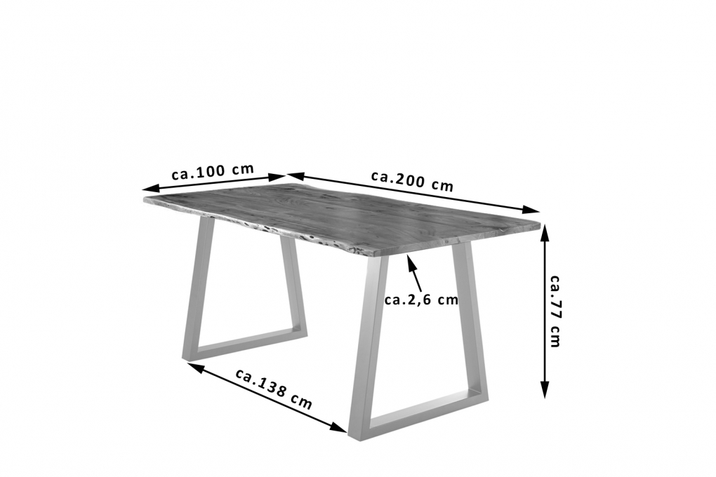 Esstisch Baumkante massiv Akazie nussbaum 200 x 100 silber V-Gestell LUBIN itemprop=