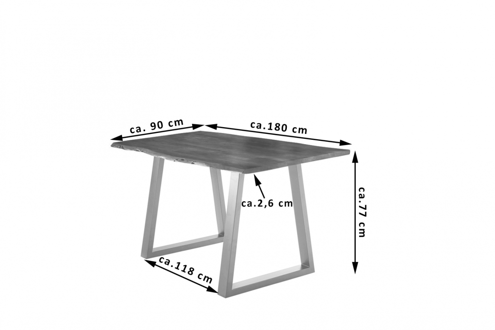 Esstisch Baumkante massiv Akazie nussbaum 180 x 90 silber V-Gestell LUBIN itemprop=