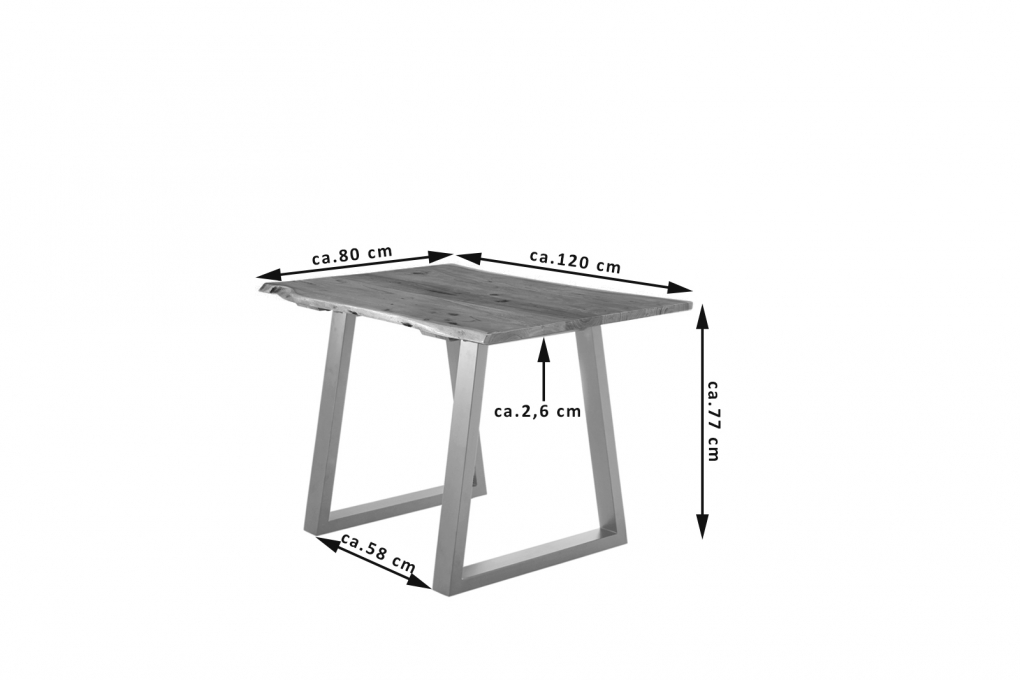 Esstisch Baumkante massiv Akazie nussbaum 120 x 80 silber V-Gestell LUBIN itemprop=