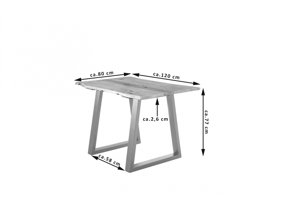 Esstisch Baumkante massiv Akazie natur 120 x 80 silber V-Gestell LUBIN itemprop=