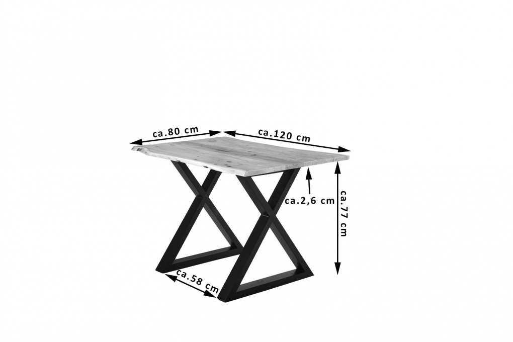Esstisch Baumkante massiv Akazie natur 120 x 80 schwarz X-Gestell LUBIN itemprop=